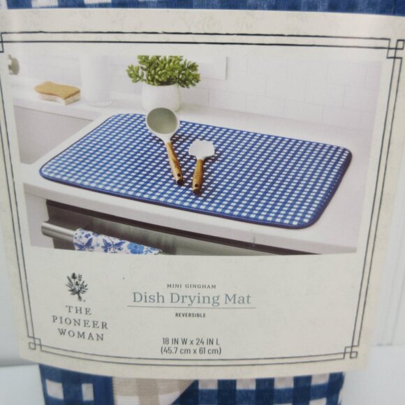 Pioneer Woman Gingham Checkered Reversible Dish Drying Mat, 18" x 24" Blue Beige - Picture 3 of 7